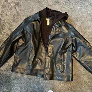 Black leather jacket with removable hooded liner
